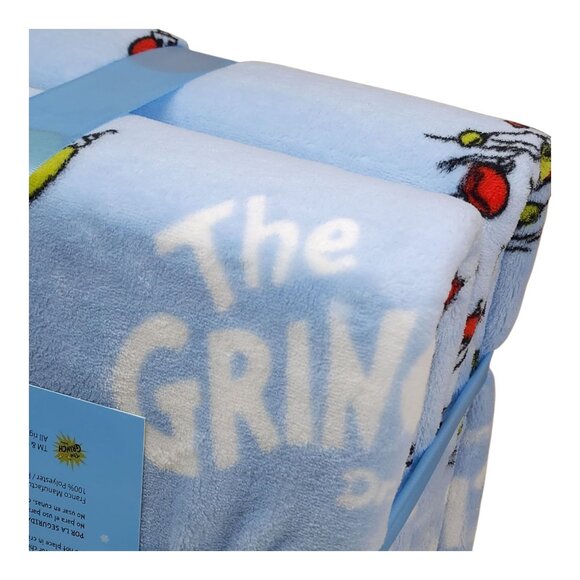 Dr Seuss The Grinch Queen Plush Blanket 90" x 90" Blue Christmas Holiday Cozy - Picture 7 of 9